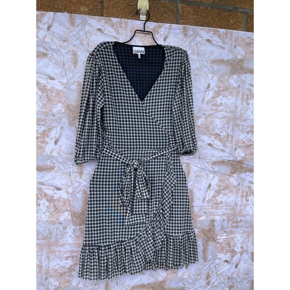 GANNI Gingham Mesh Wrap Mini Dress size 34/4 - Picture 3 of 11